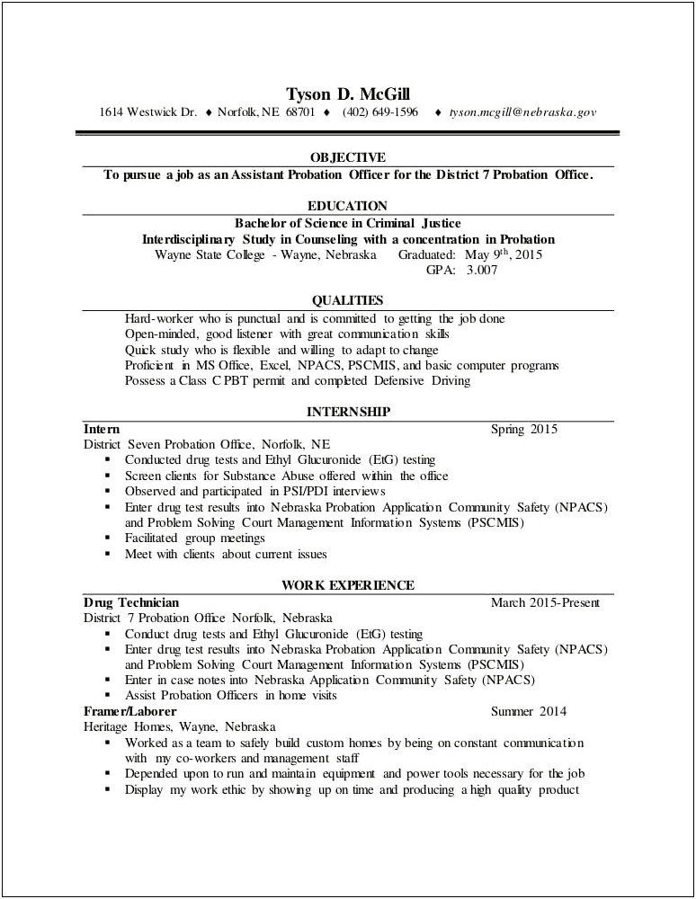 Probation Officer Job Description Resume