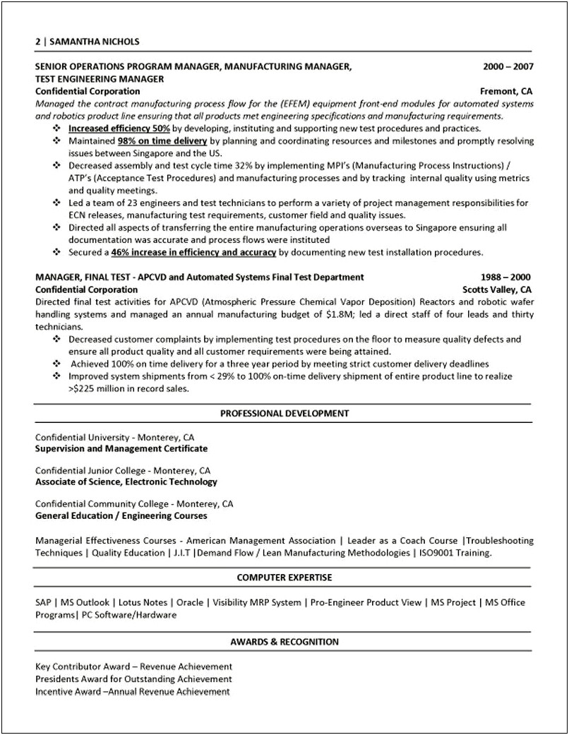Process Engineering Manager Resume Sample