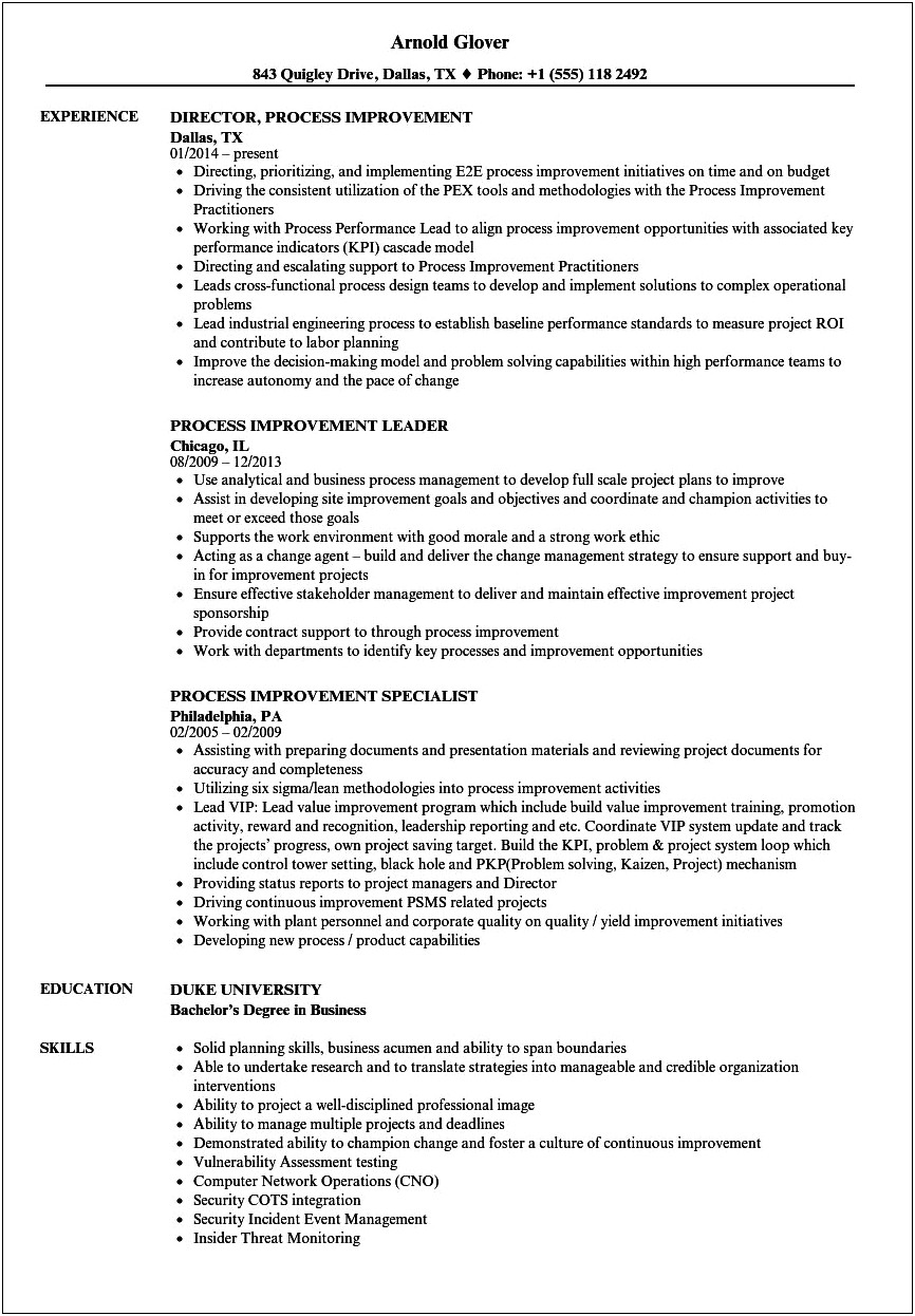 Process Improvement Resume Objective Examples
