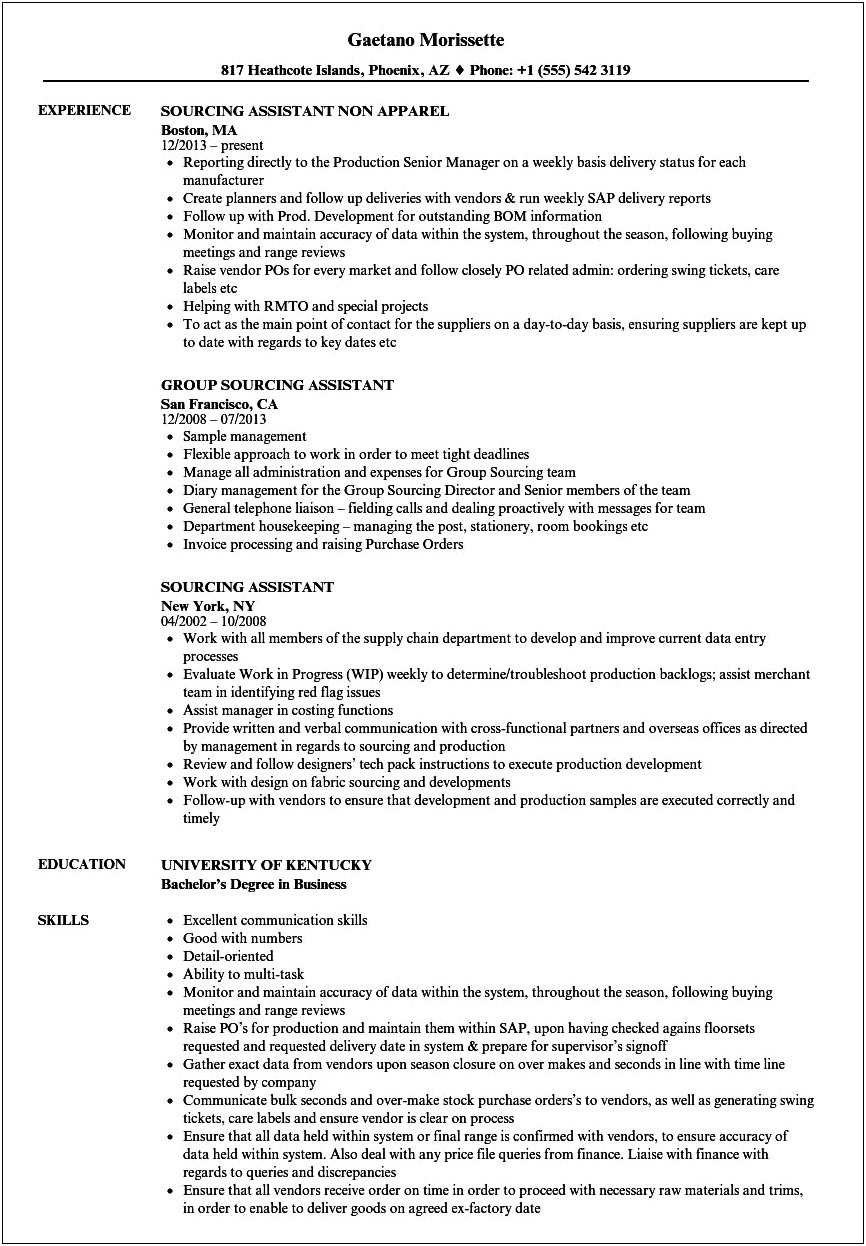 Procurement Assistant Job Description Resume