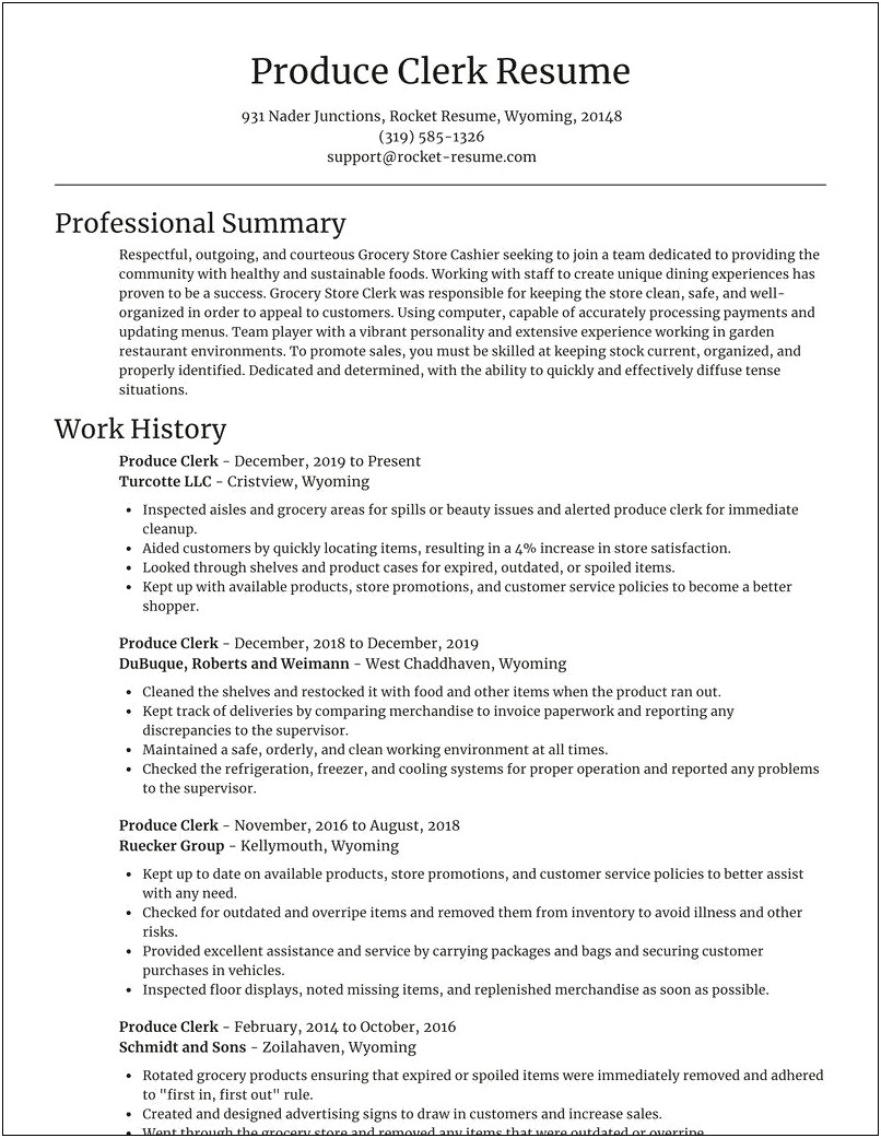 Produce Clerk Job Description Resume