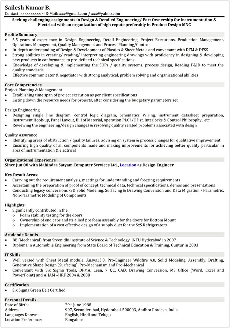 Product Engineer Resume Examples Automotive Supplier
