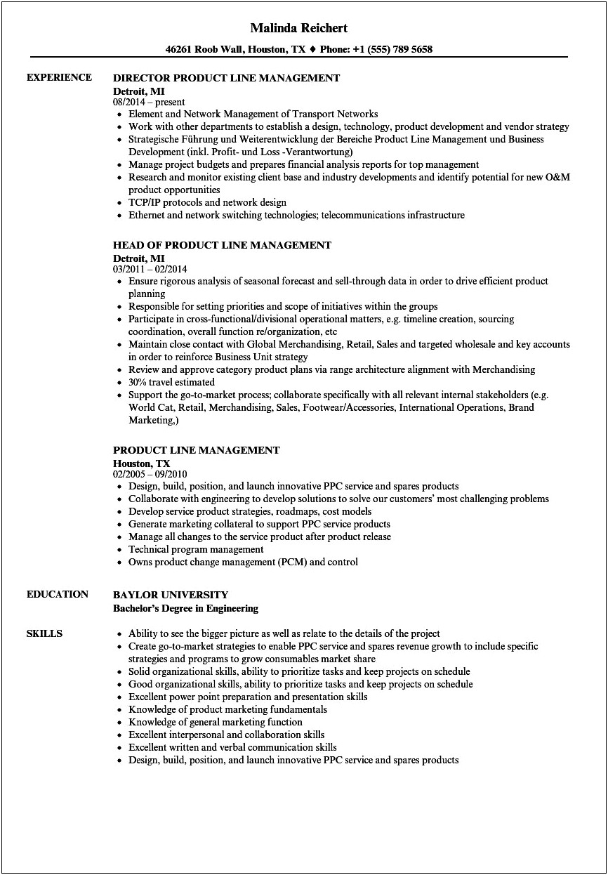 Product Line Manager Resume Examples