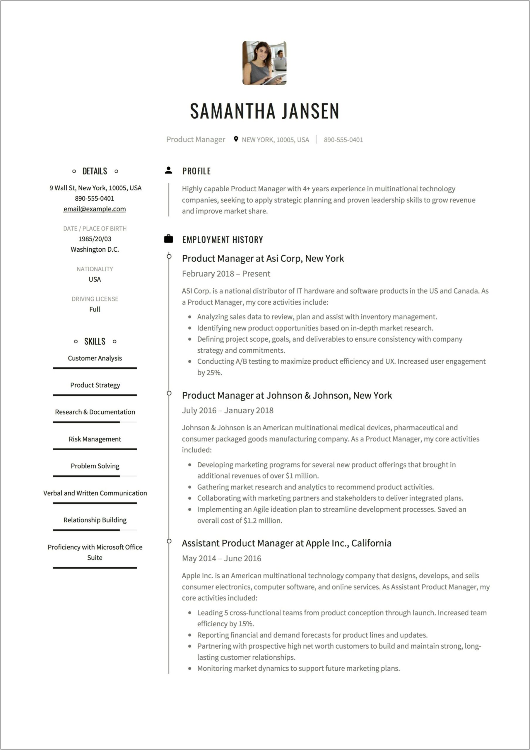Product Manager Resume Free Template