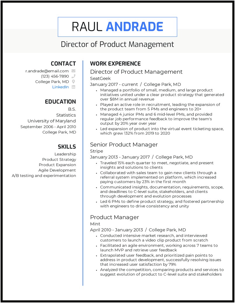 Product Manager Resume Skills Examples