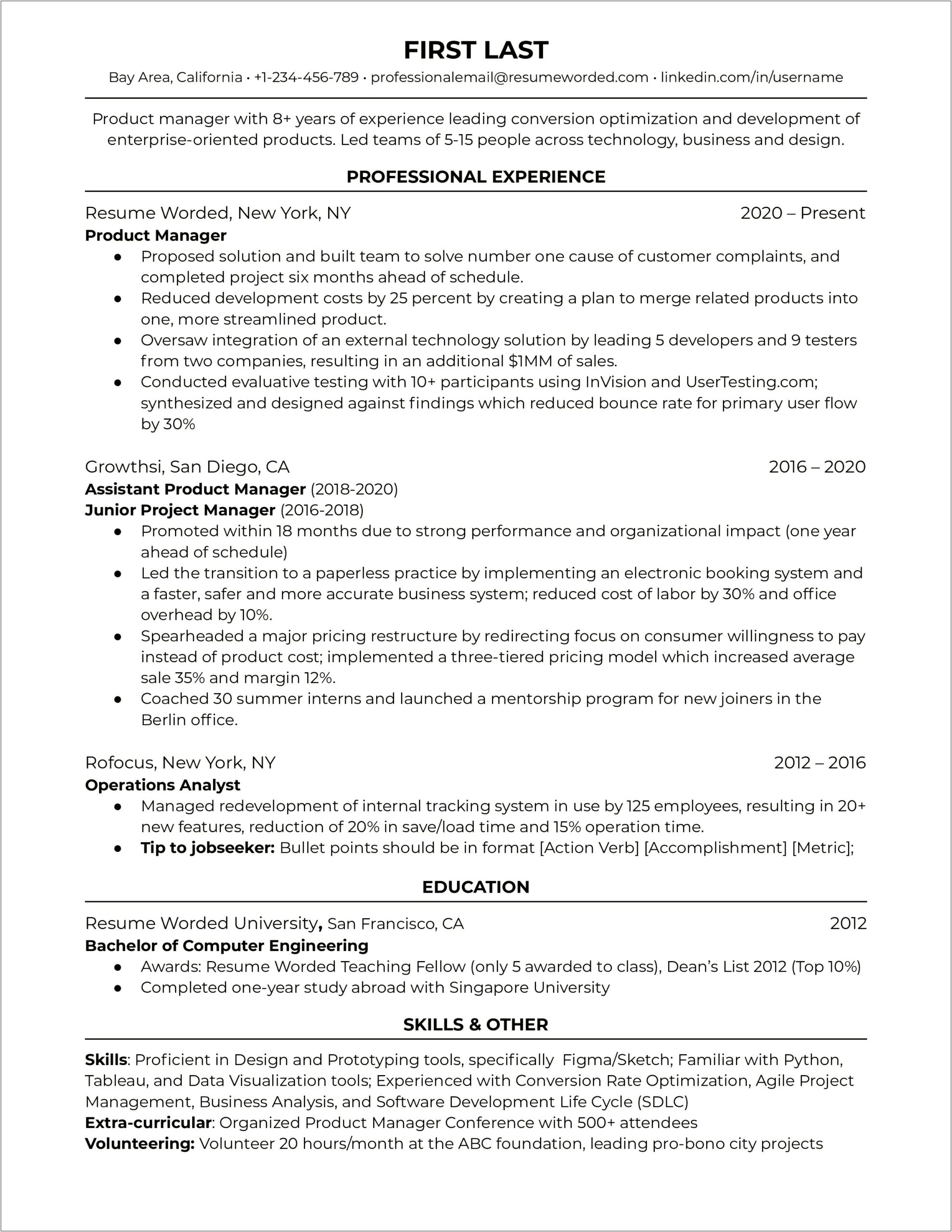 Product Manager Resume Skills Section