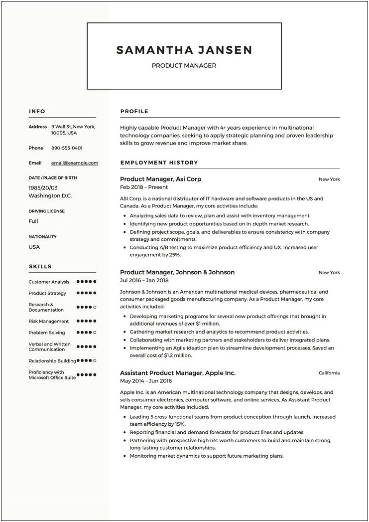 Product Manager Resume Summary Sample