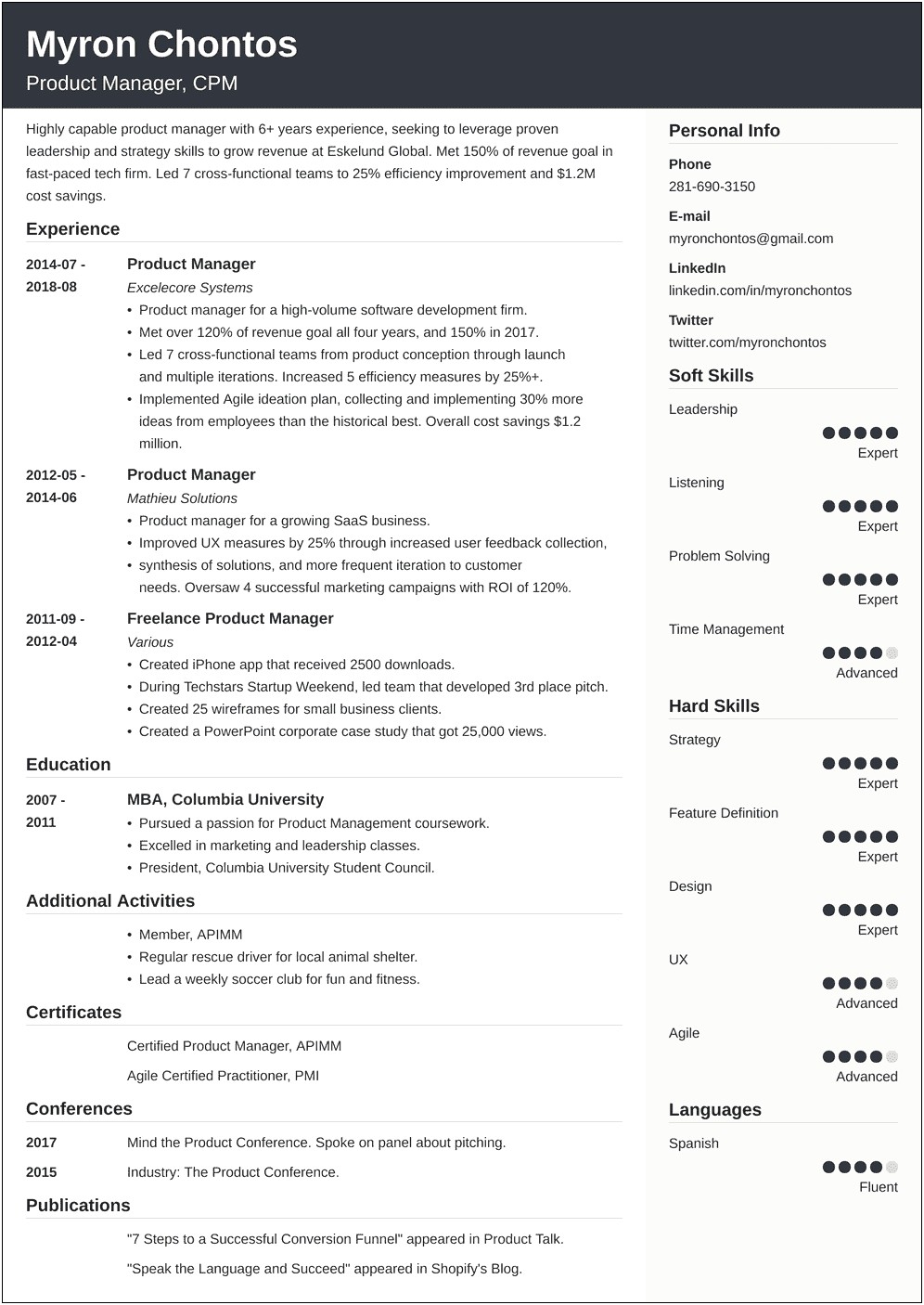 Product Manager Resume Template 2017