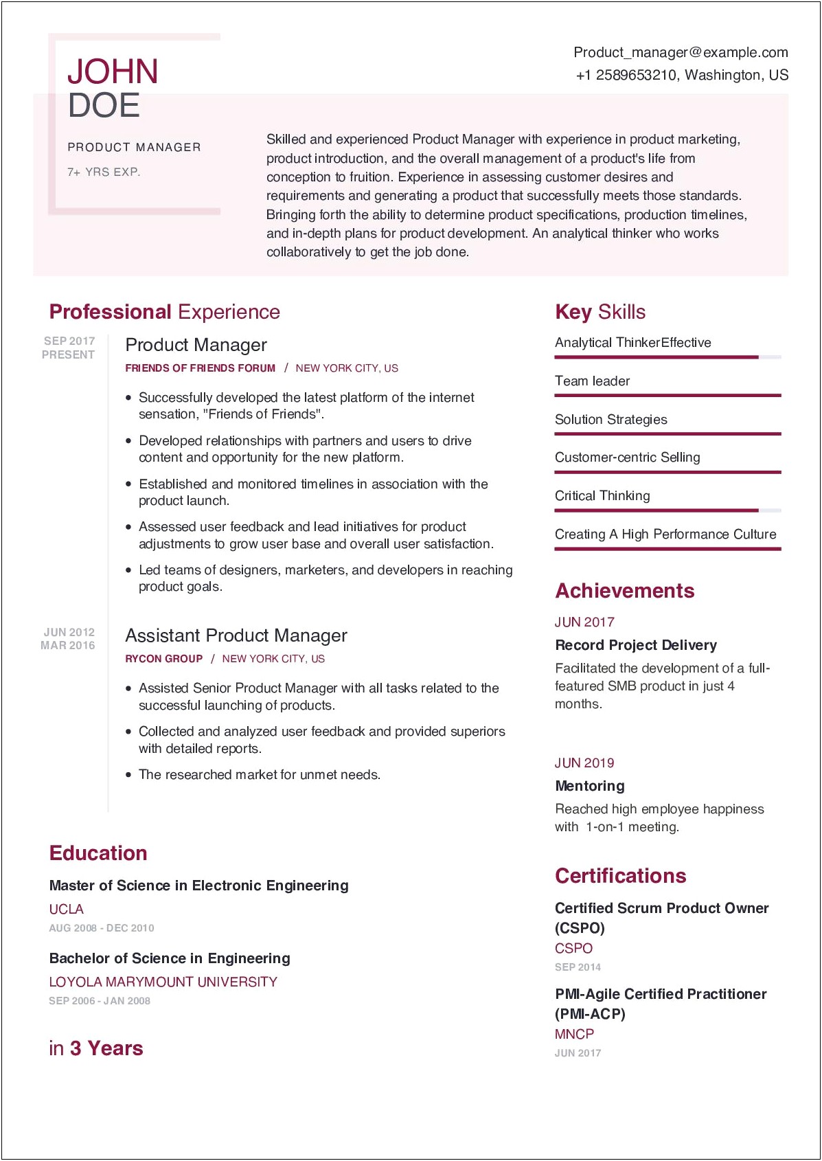 Product Manager Resume With Certification