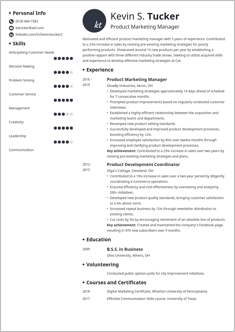 Product Marketing Manager Resume Value Proposition