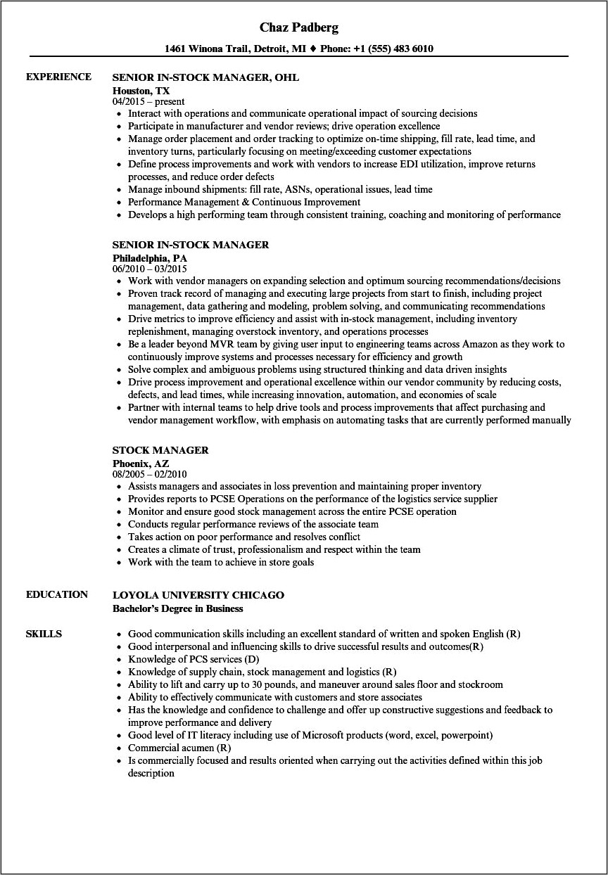 Product Stock Job Description Resume
