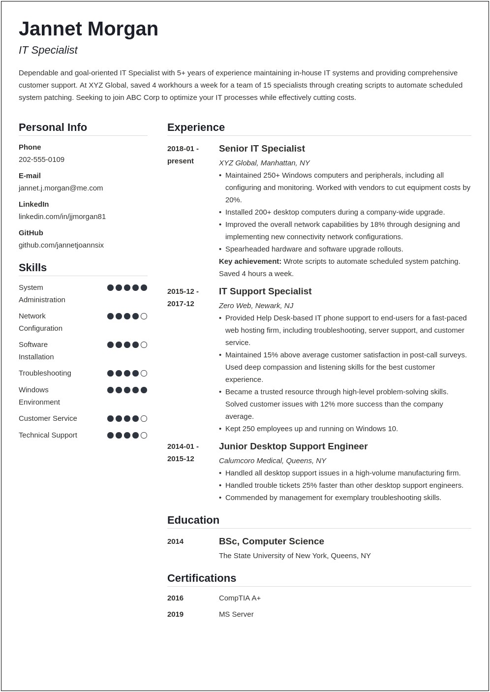 Product Support Specialist Resume Example