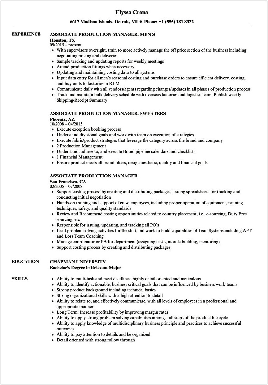 Production Assistant Job On Resume