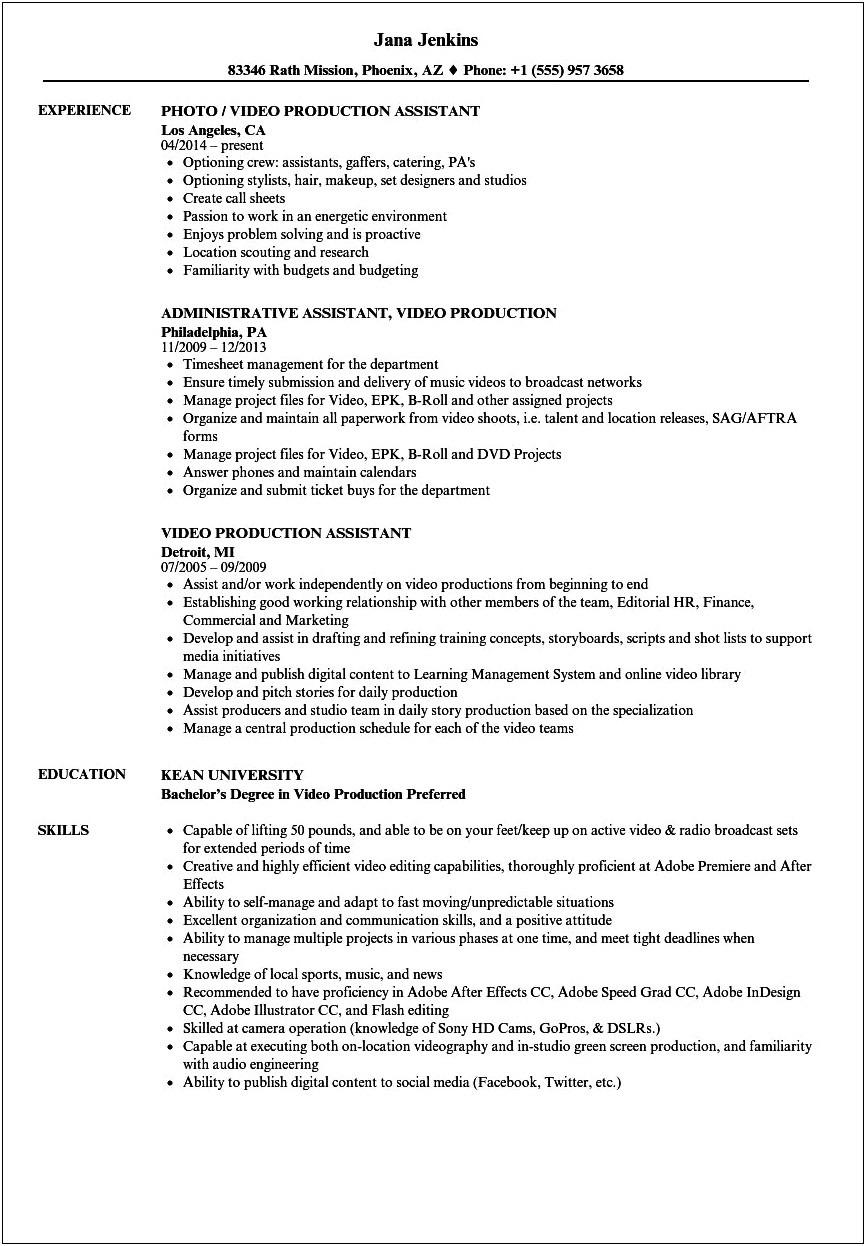 Production Assistant Resume Objective Sample