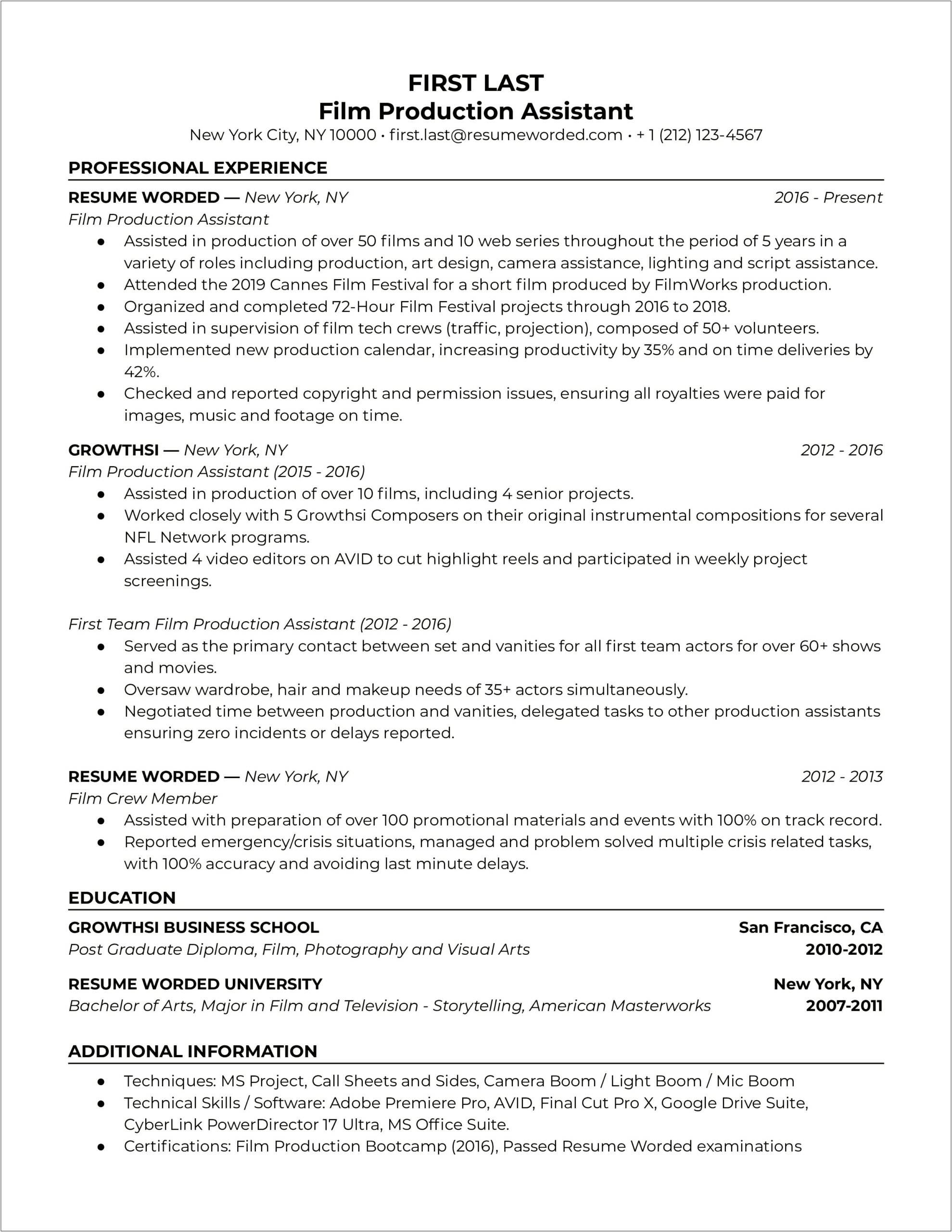 Production Assistant Skills For Resume
