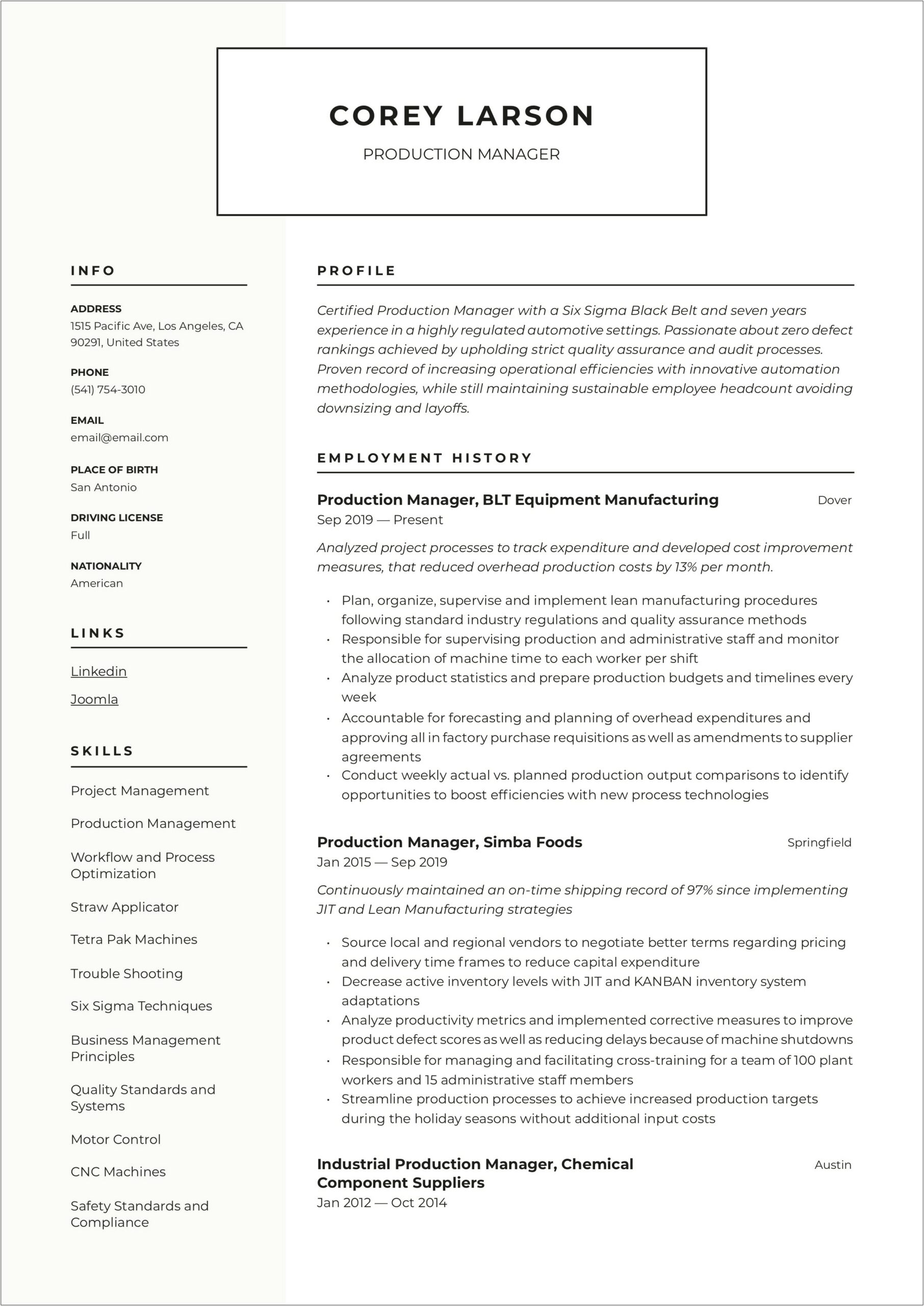 Production Control Manager Resume Examples
