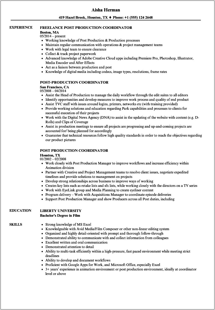 Production Coordinator Resume Objective Examples