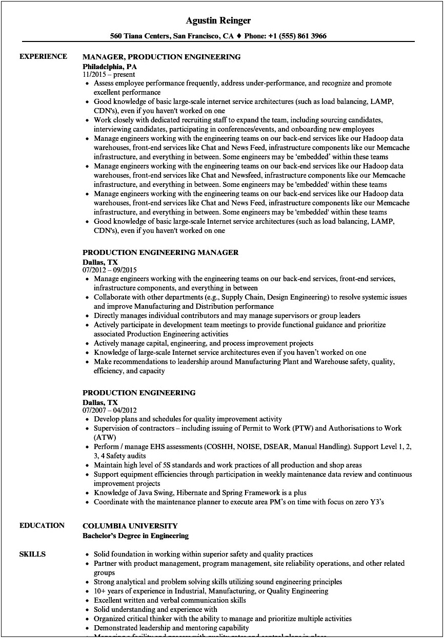 Production Engineer Job Role For Resume