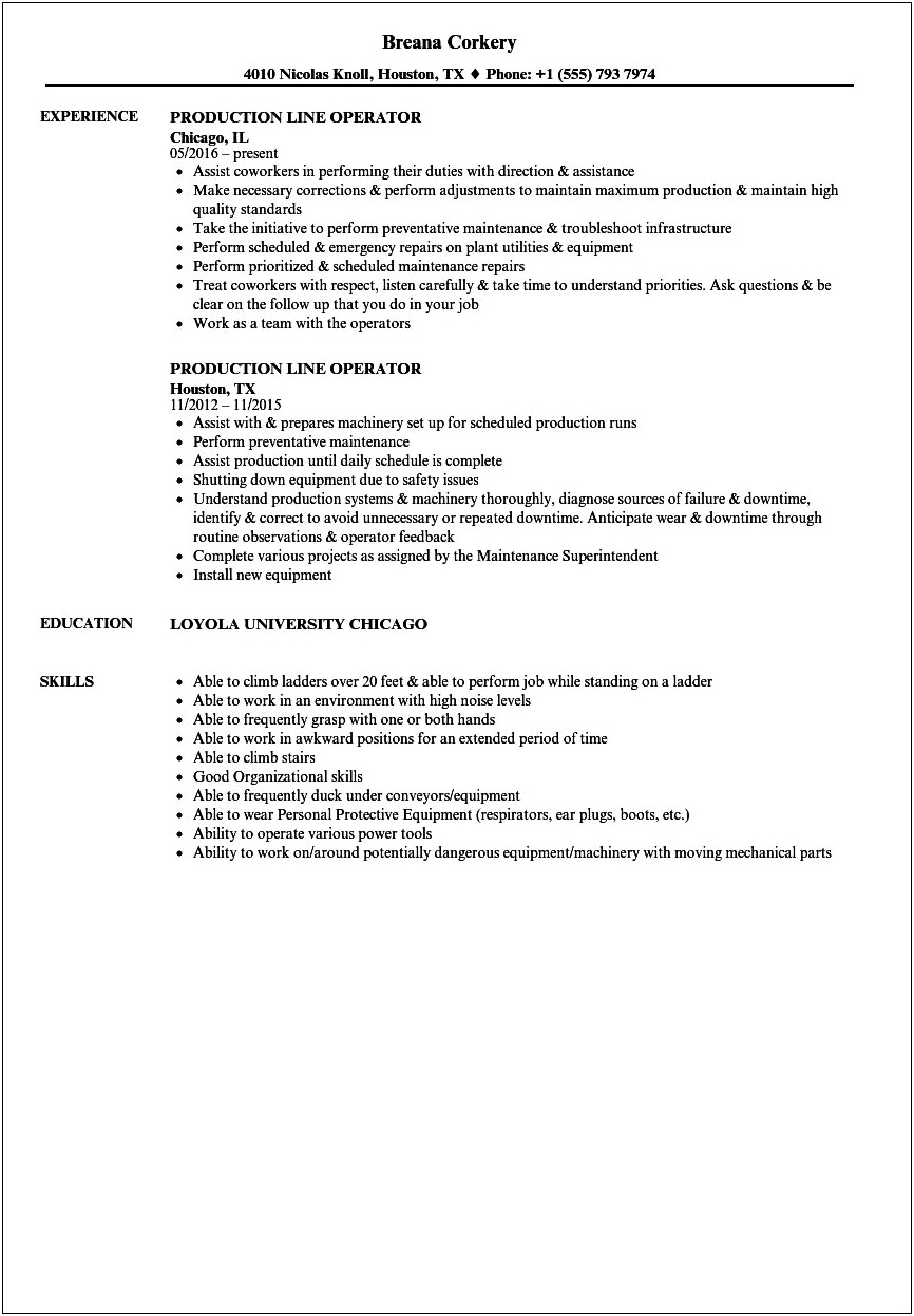 Production Job Description For Resume