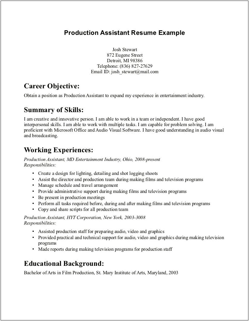Production Manager Objective For Resume