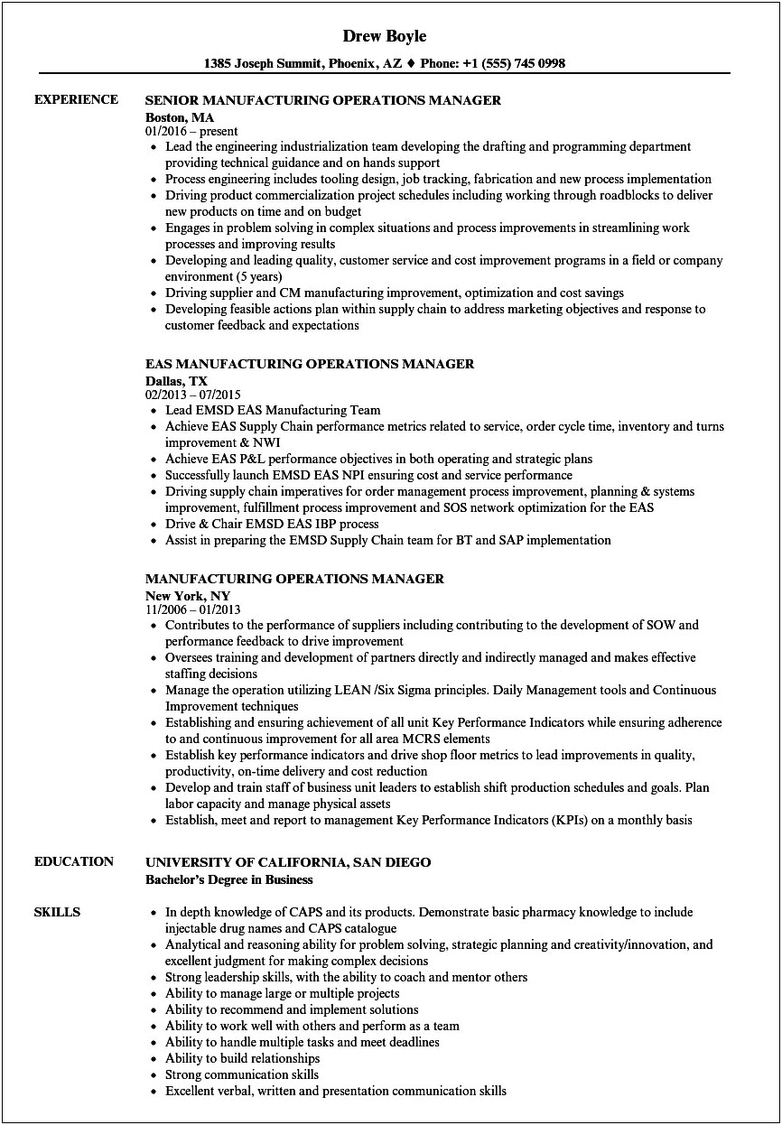 Production Manager Resume Food Industry