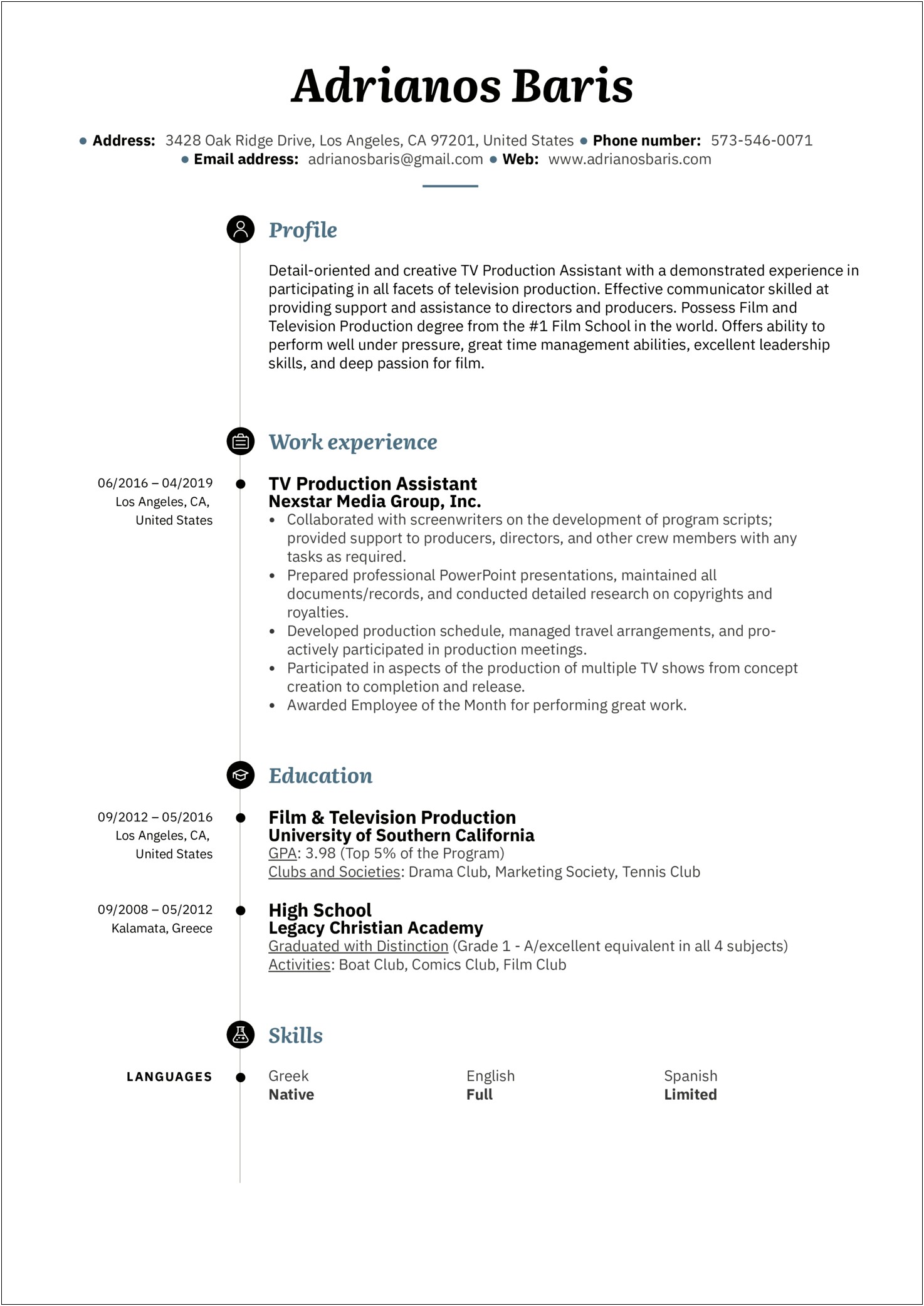 Production Manager Theatre Skills Resume