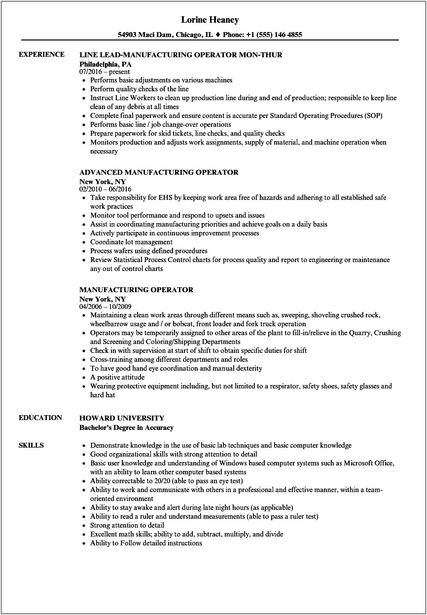 Production Operator Job Description Resume
