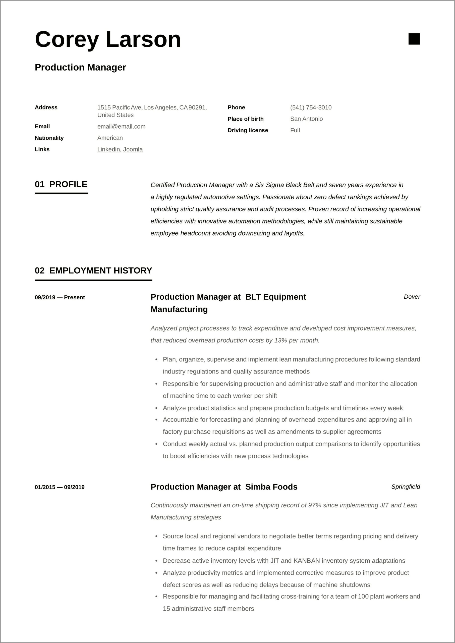 Production Planning And Control Manager Resume Pdf