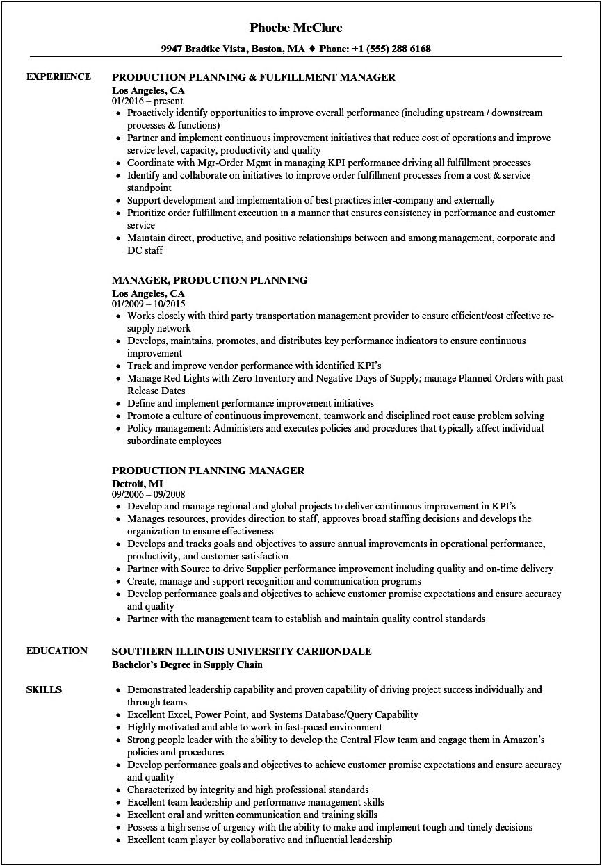 Production Planning And Control Manager Resume
