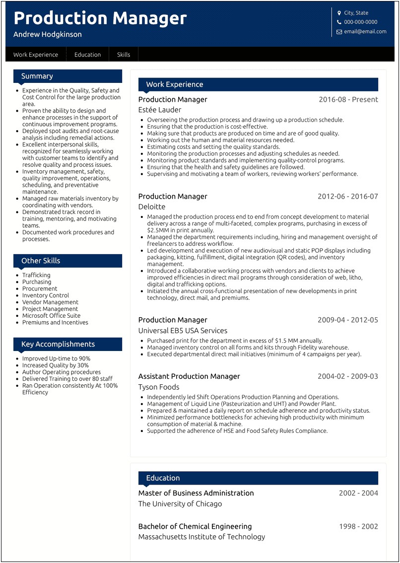Production Planning Manager Resume Format