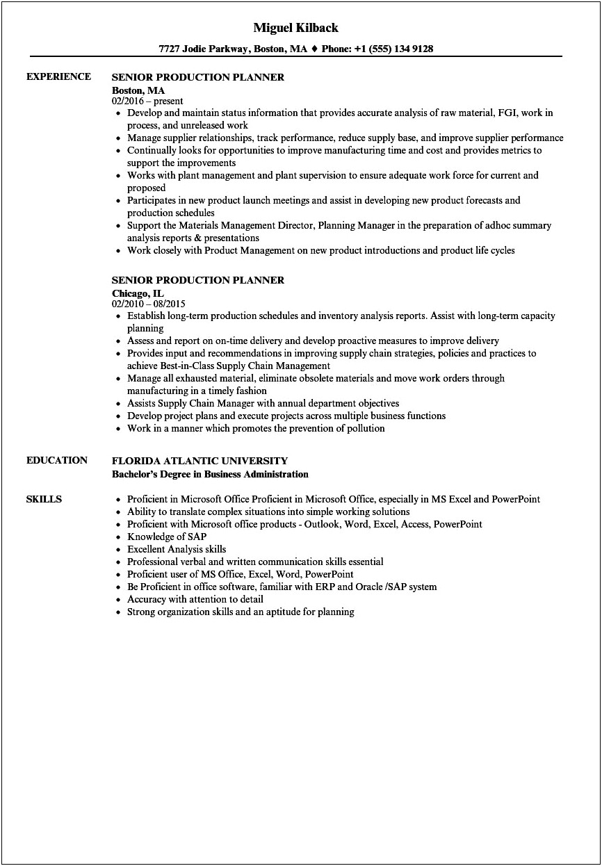 Production Planning Manager Resume Sample