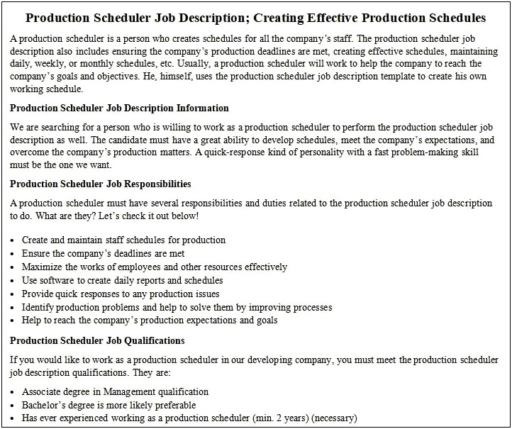 Production Scheduler Job Description Resume