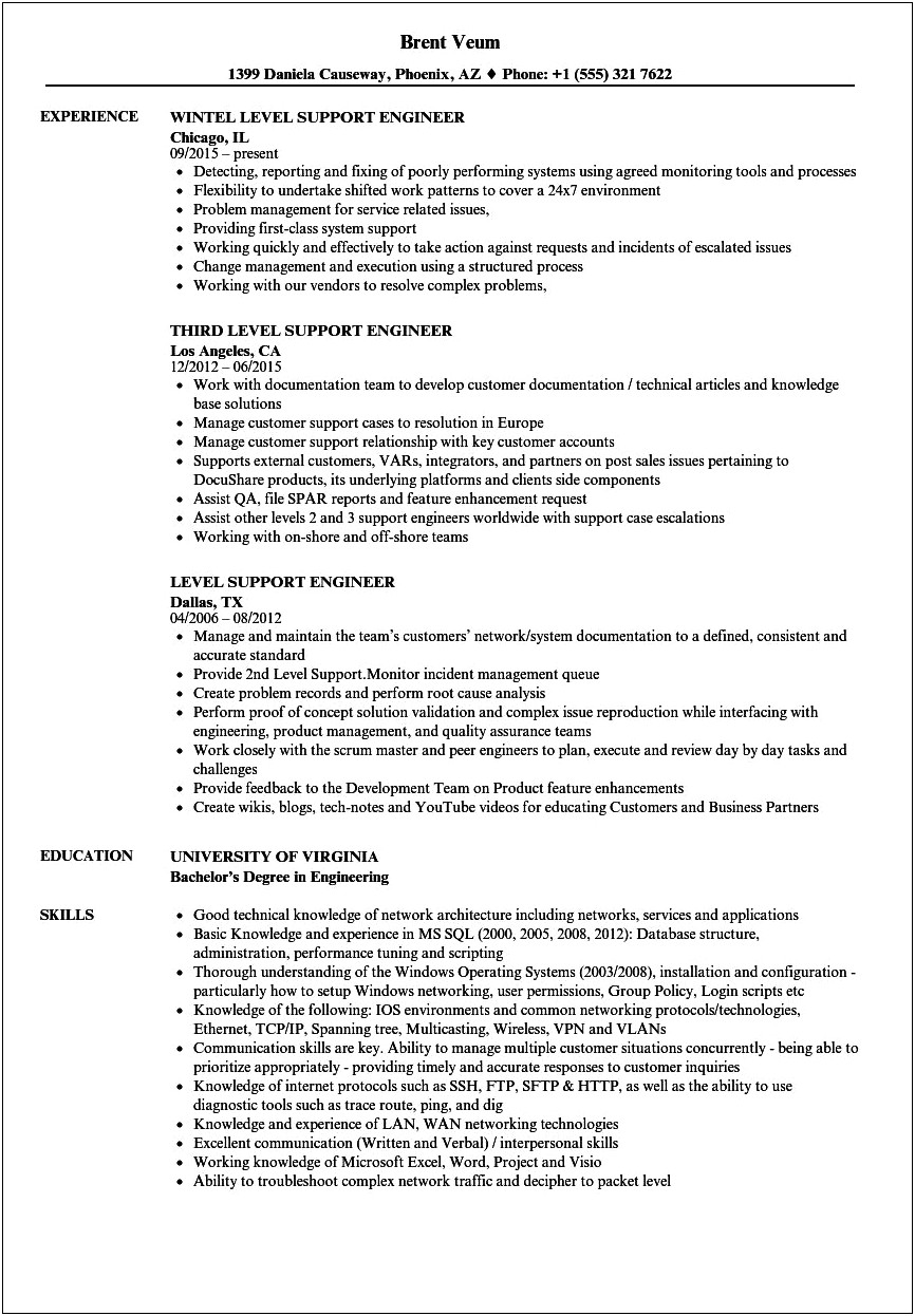 Production Support Engineer Resume Sample