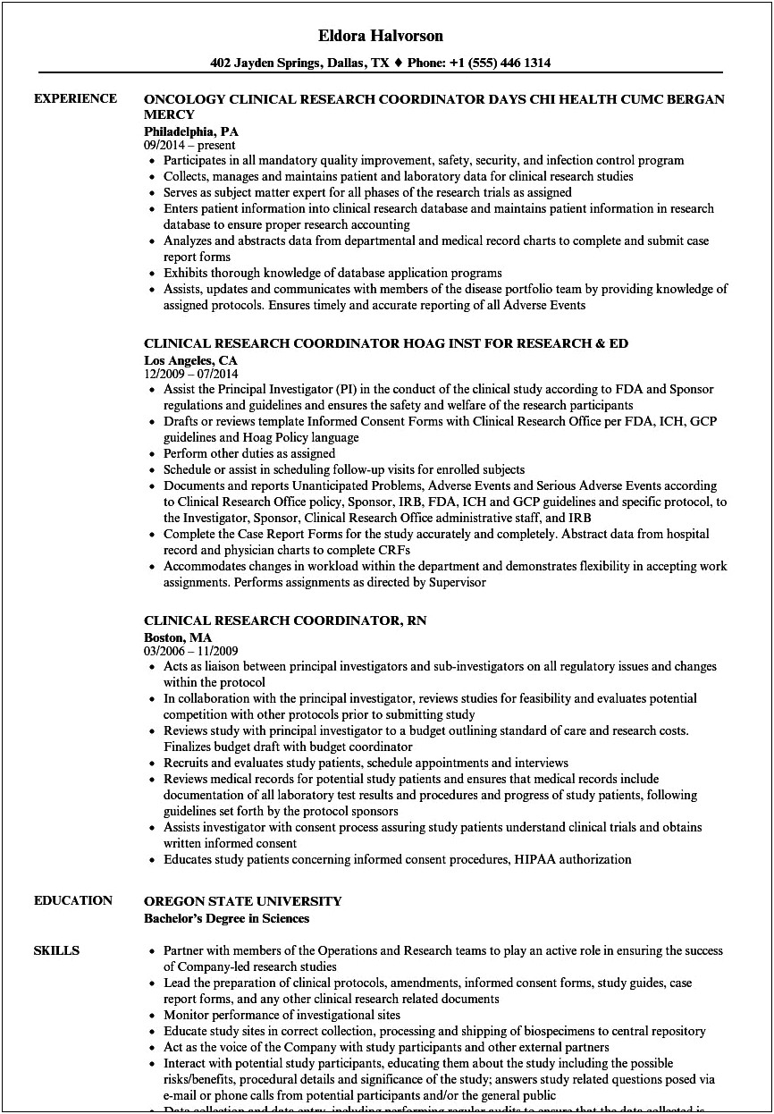 Profesional Summary Resume Clinical Research Coordinator