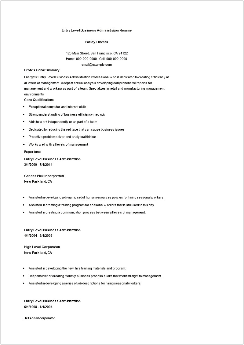 Professinal Business Management Resume Examples