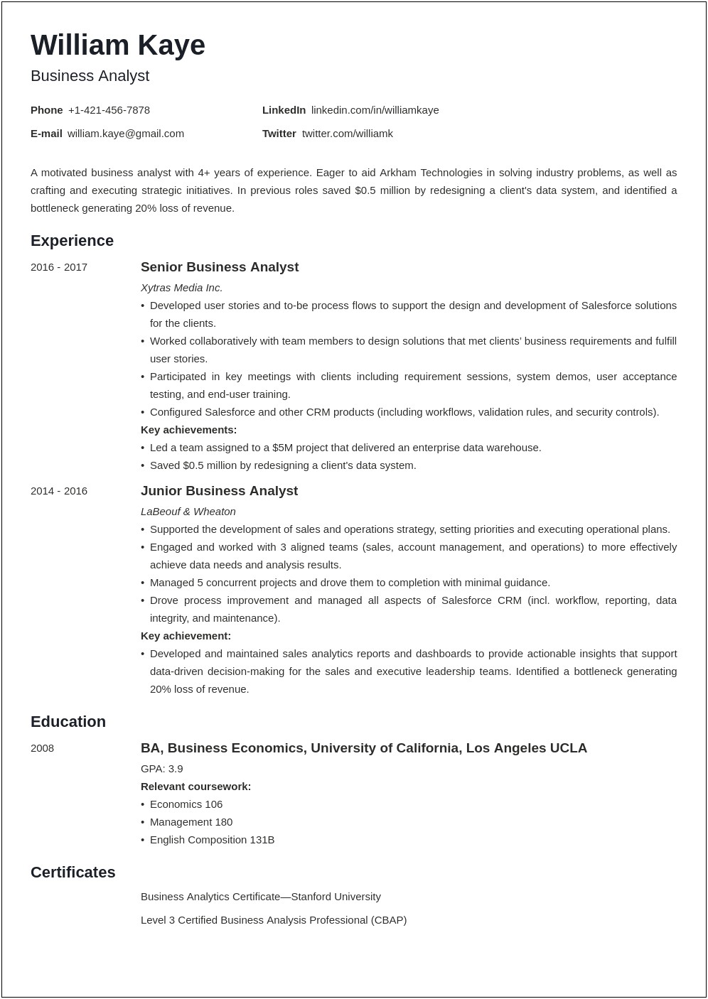 Professional Business Analyst Resume Sample
