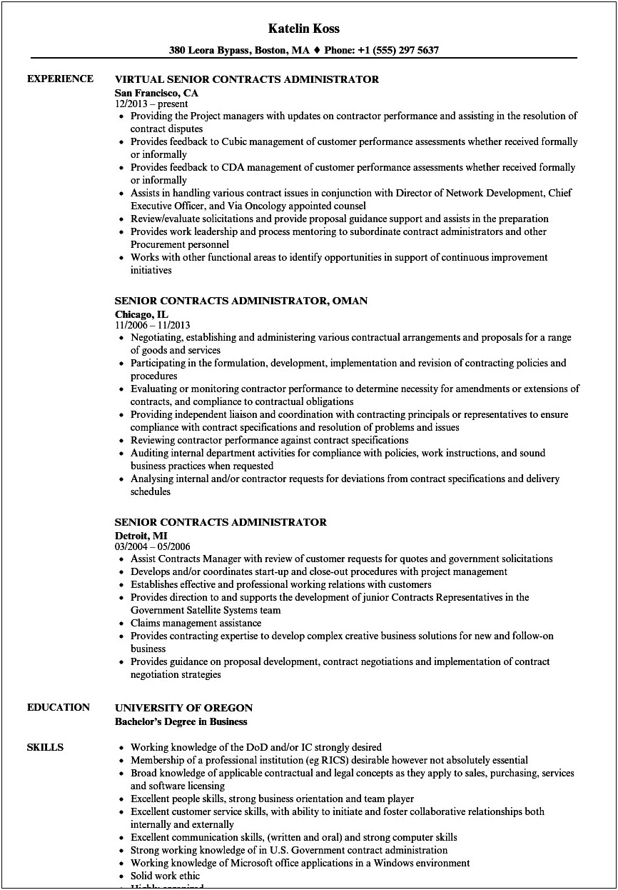 Professional Contract Administrator Resume Objective