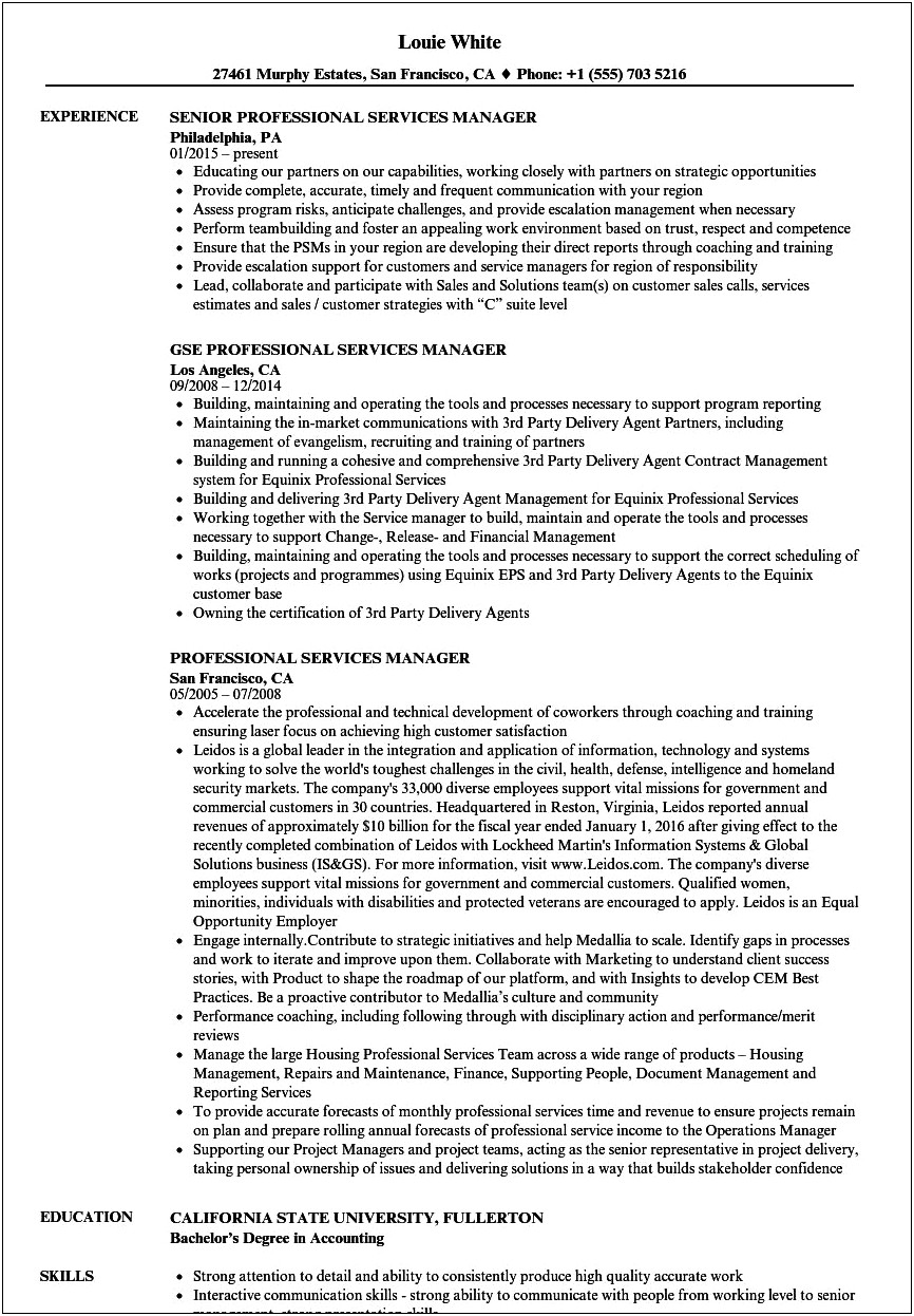 Professional Customer Service Manager Resume