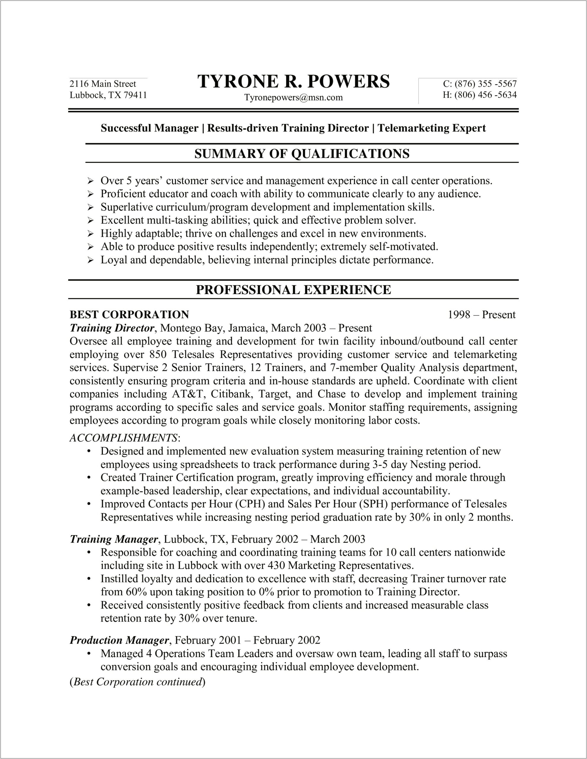Professional Customer Service Resumes Examples