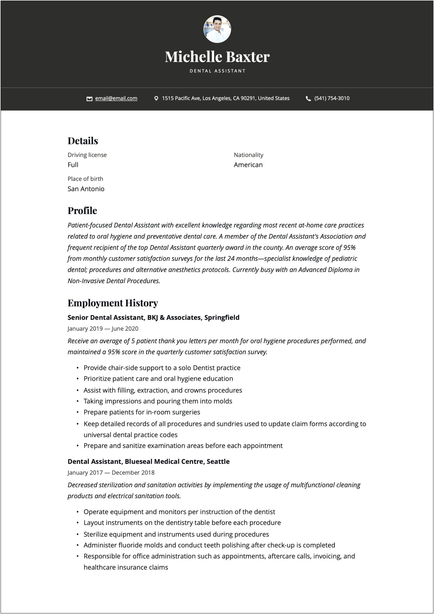 Professional Dental Assistant Resume Example