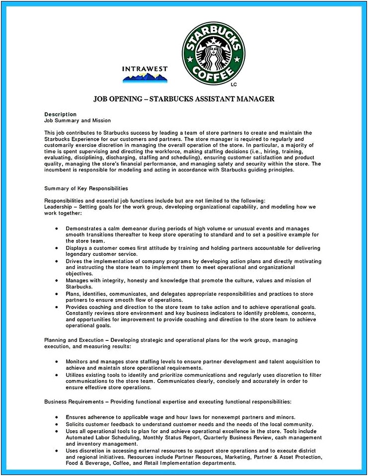 Professional Description Of Starbucks Barista For Resume