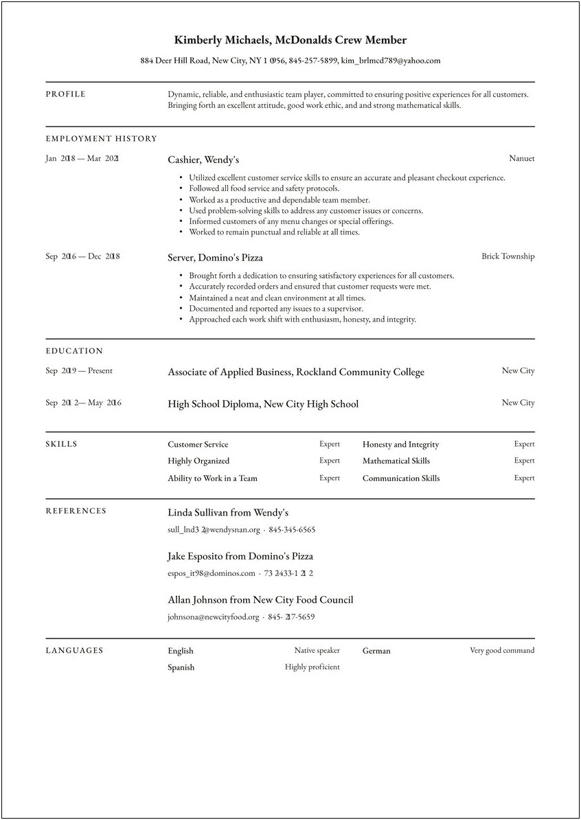 Professional Experience For Working At Wendy's Resume