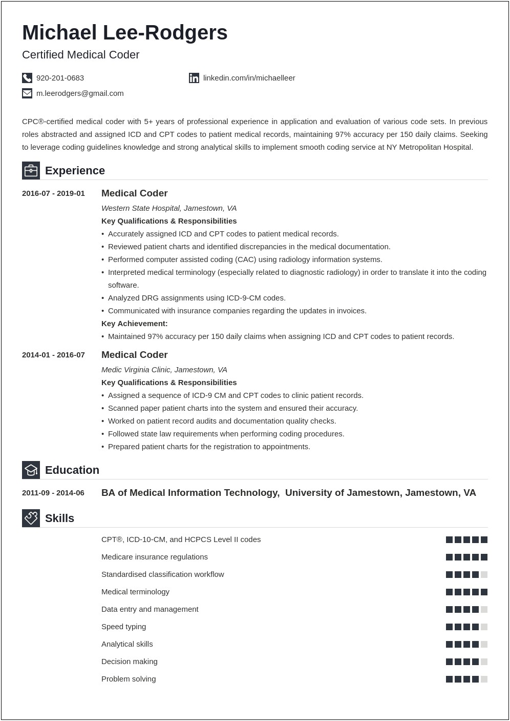 Professional History Resume As A Medical Billing Manager