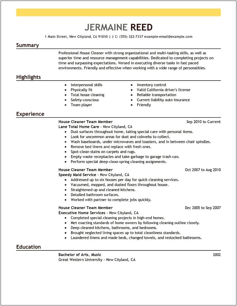 Professional House Cleaner Job Resume