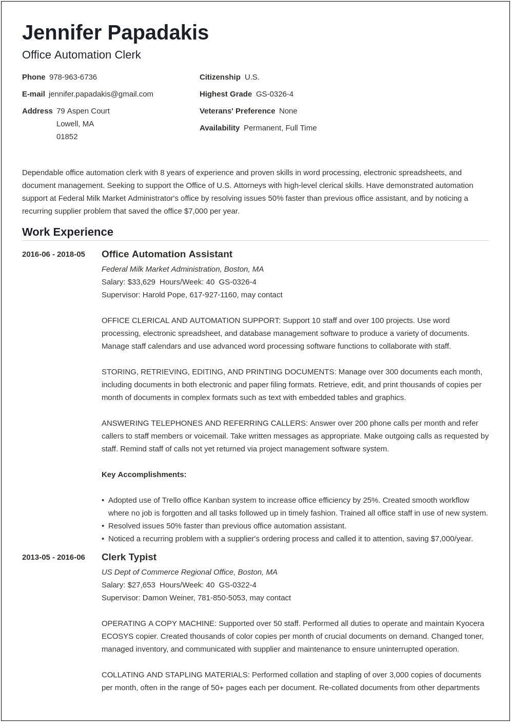 Professional Job Summary For Federal Resume
