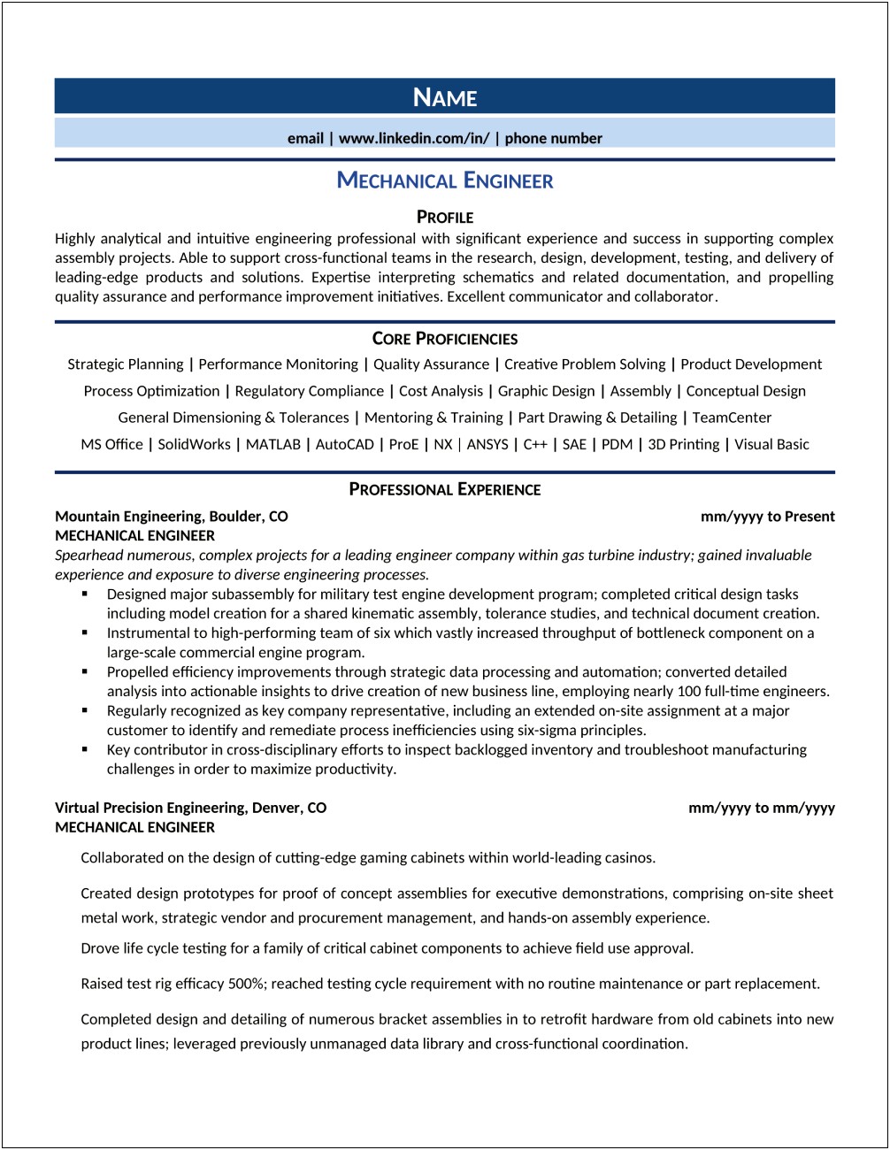 Professional Mechanical Engineering Resume Examples