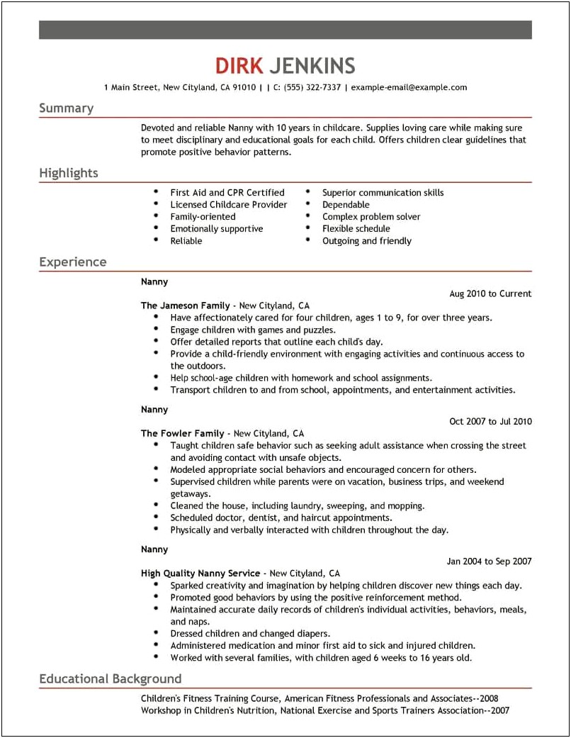 Professional Nanny Job Description For Resume