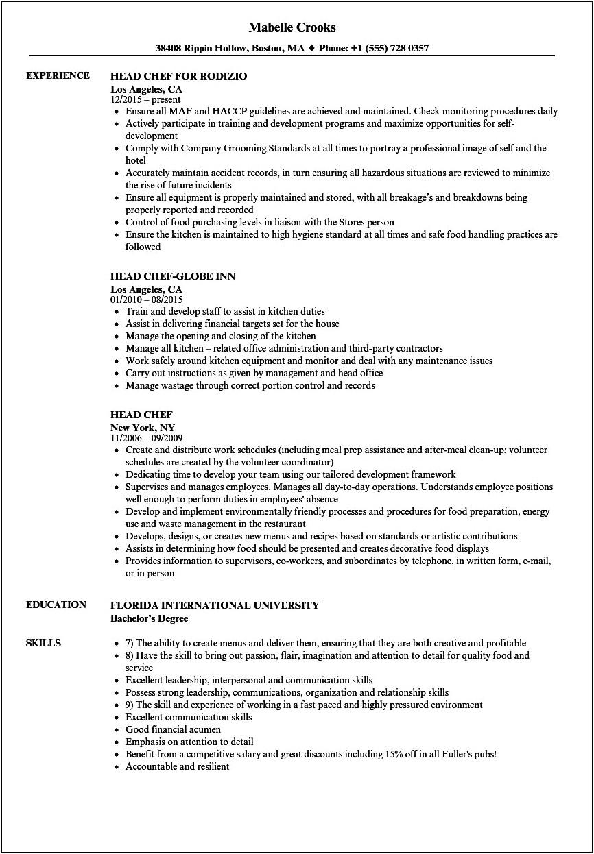 Professional Objective For Chef Resume