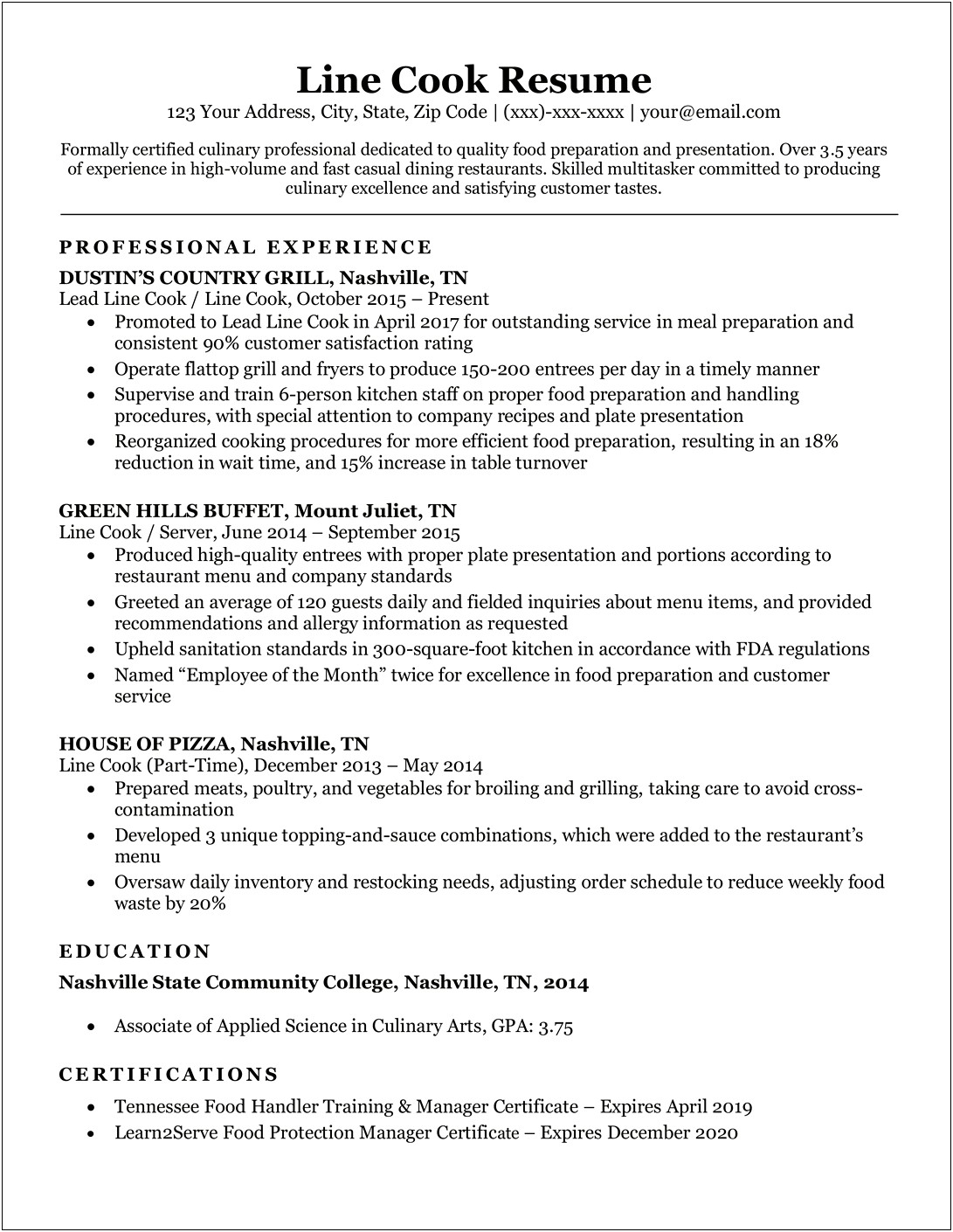 Professional Objective For Culinary Resume