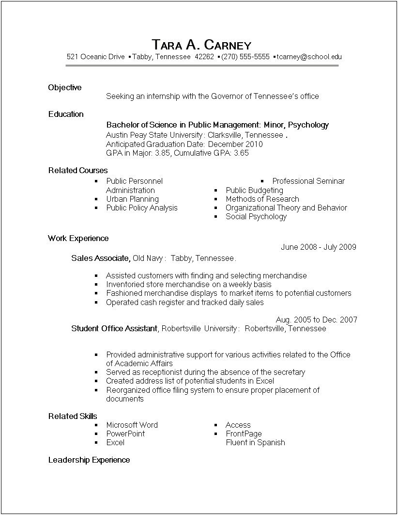 Professional Objective For Internship Resume